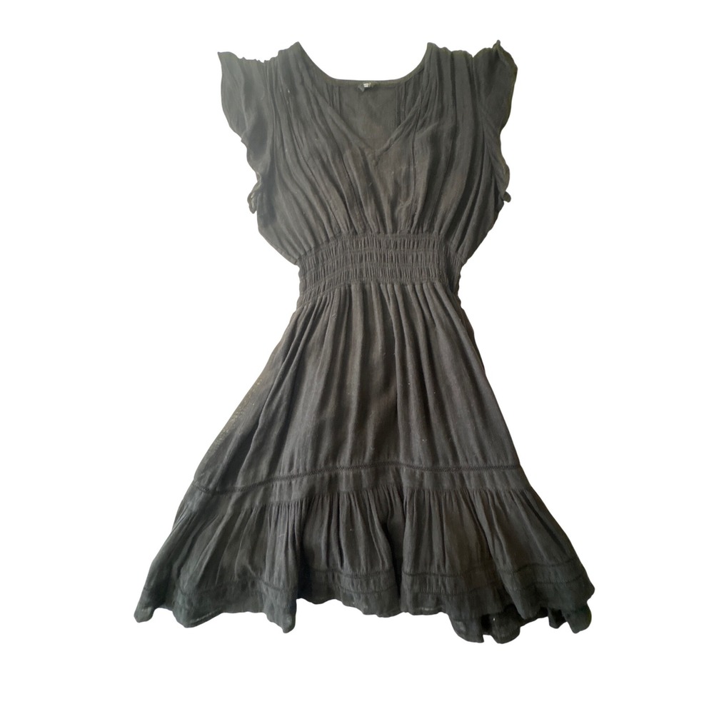 Rails Black Smocked V-Neck Mini Dress Flutter Sleeve Ladder Lace Size Large